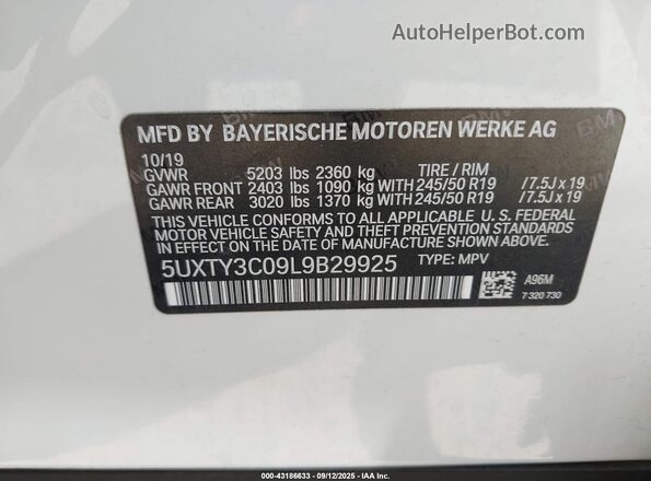 5UXTY3C09L9B29925 2020 BMW X3 Белый Вид подкапотного пространства