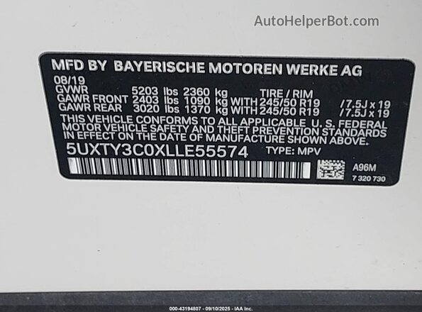 5UXTY3C0XLLE55574 2020 BMW X3 White Вид підкапотного простору