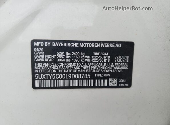 5UXTY5C00L9D08785 2020 BMW X3 White Widok naklejki z numerem VIN