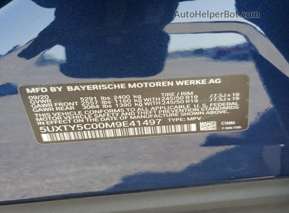 5UXTY5C00M9E41497 2021 BMW X3 Blue VIN კოდის სტიკერის ხედი