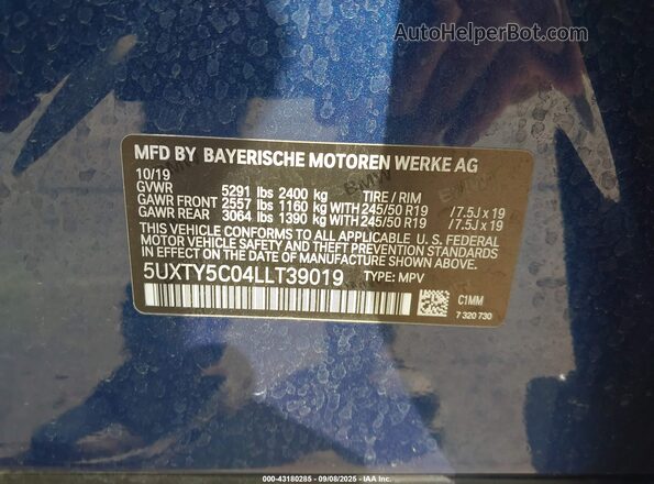 5UXTY5C04LLT39019 2020 BMW X3 Blue Vista del compartimento del motor