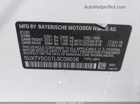 5UXTY5C07L9C08036 2020 BMW X3 White Вид підкапотного простору