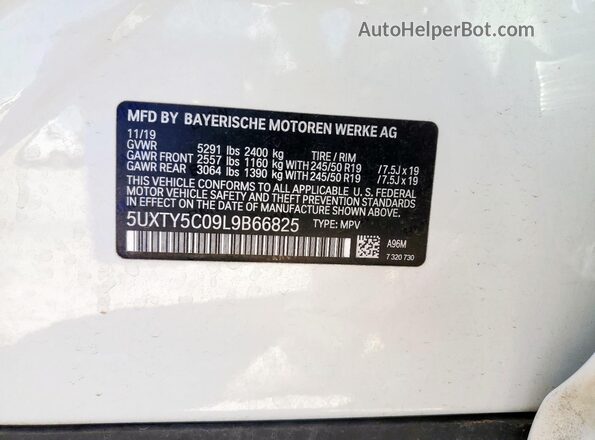 5UXTY5C09L9B66825 2020 BMW X3 Белый Вид наклейки с VIN-кодом