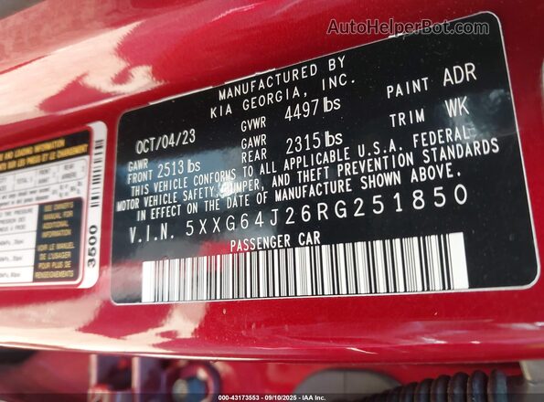 5XXG64J26RG251850 2024 KIA K5 Red Вид підкапотного простору
