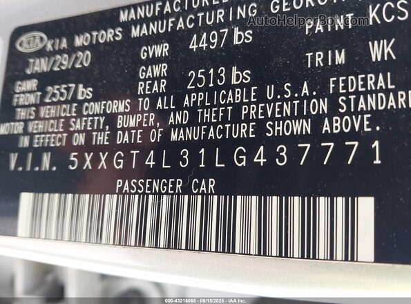 5XXGT4L31LG437771 2020 KIA OPTIMA Silver Widok komory silnika