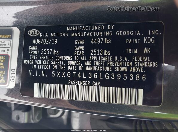 5XXGT4L36LG395386 2020 KIA OPTIMA Gray Շարժիչի բաժամունքի տեսք