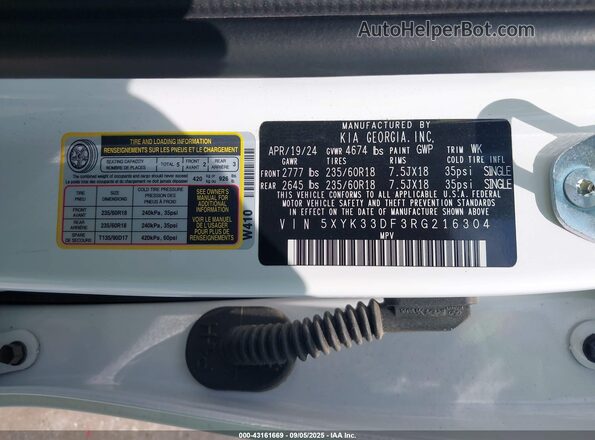 5XYK33DF3RG216304 2024 KIA SPORTAGE White Vista del compartimento del motor