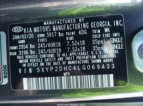 5XYP2DHC4LG069433 2020 KIA TELLURIDE Gray Widok komory silnika