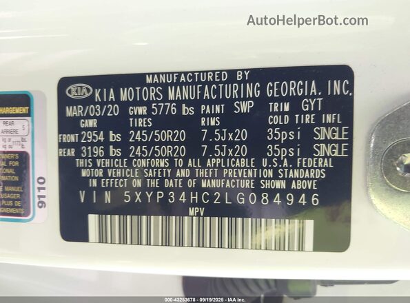 5XYP34HC2LG084946 2020 KIA TELLURIDE White Շարժիչի բաժամունքի տեսք