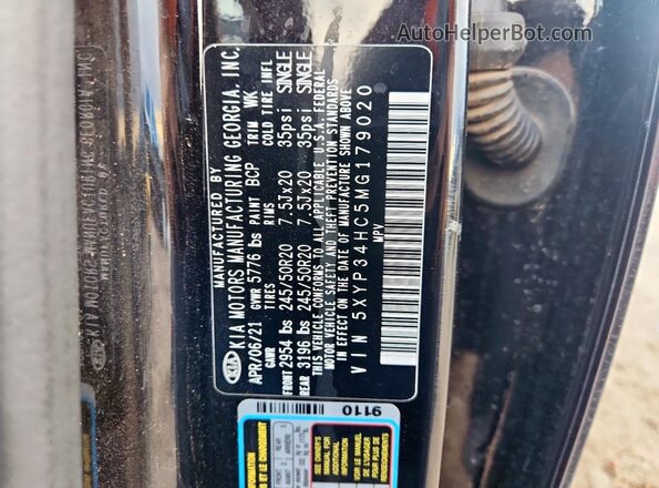 5XYP34HC5MG179020 2021 KIA TELLURIDE Черный Вид наклейки с VIN-кодом