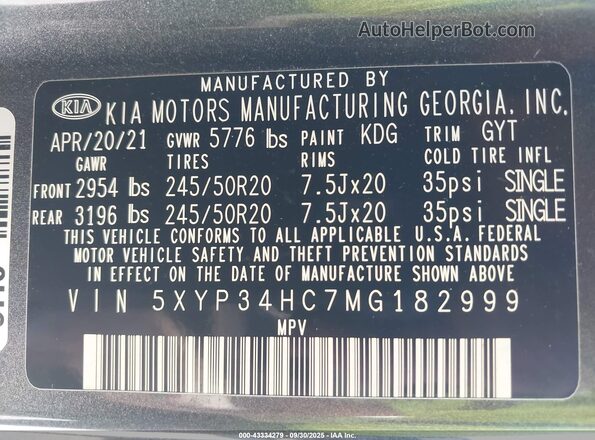 5XYP34HC7MG182999 2021 KIA TELLURIDE Gray Widok komory silnika