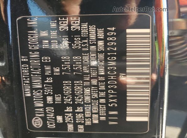 5XYP3DHC3MG129894 2021 KIA TELLURIDE Black Widok naklejki z numerem VIN