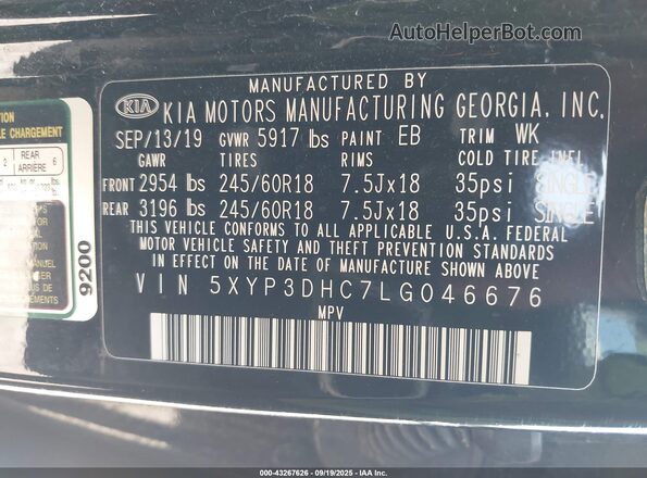5XYP3DHC7LG046676 2020 KIA TELLURIDE Black Շարժիչի բաժամունքի տեսք