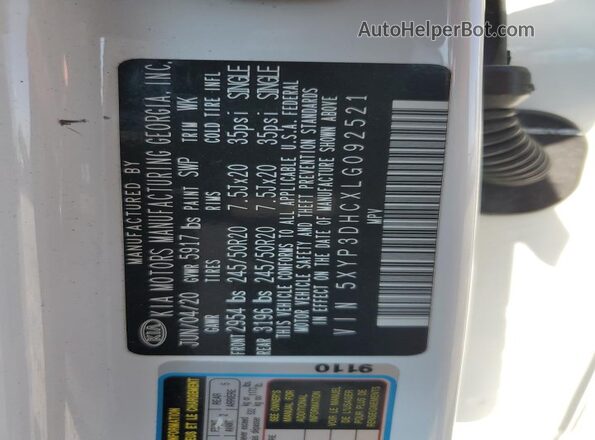 5XYP3DHCXLG092521 2020 KIA TELLURIDE White VIN sticker view