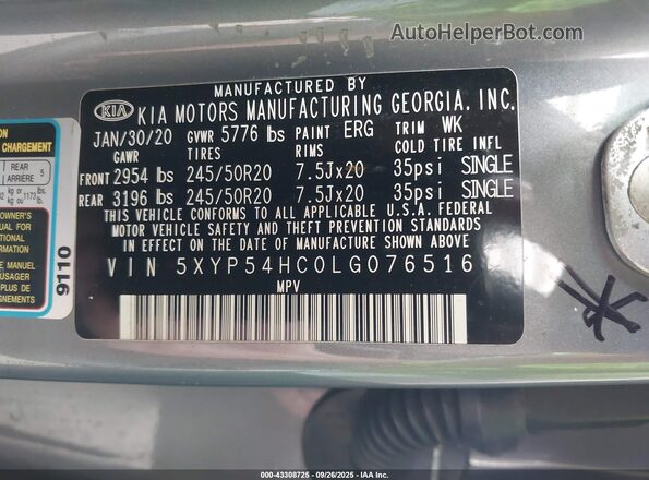 5XYP54HC0LG076516 2020 KIA TELLURIDE Gray Engine compartment view