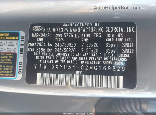 5XYP54HC2MG169829 2021 KIA TELLURIDE Gray Շարժիչի բաժամունքի տեսք