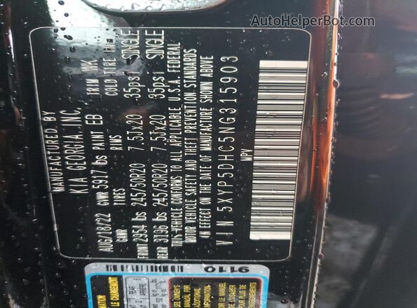 5XYP5DHC5NG315903 2022 KIA TELLURIDE Black Widok naklejki z numerem VIN