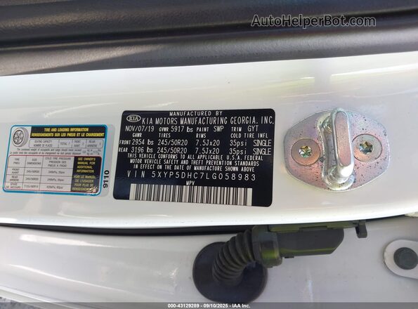5XYP5DHC7LG058983 2020 KIA TELLURIDE White Engine compartment view
