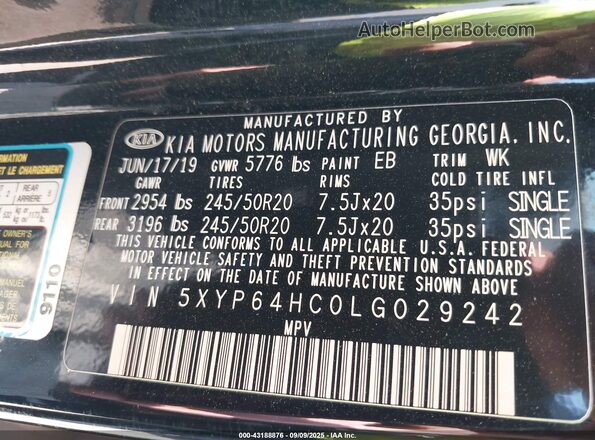 5XYP64HC0LG029242 2020 KIA TELLURIDE Black Vista del compartimento del motor