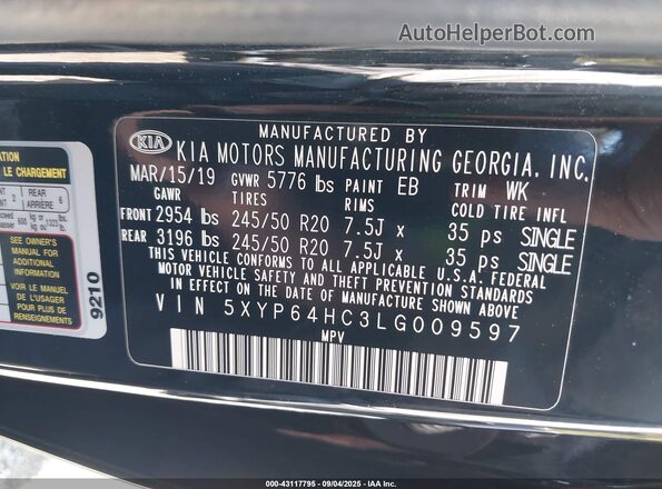 5XYP64HC3LG009597 2020 KIA TELLURIDE Black Շարժիչի բաժամունքի տեսք