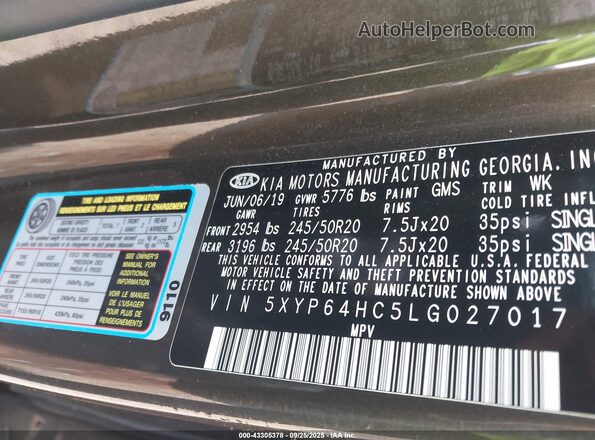 5XYP64HC5LG027017 2020 KIA TELLURIDE Black Engine compartment view