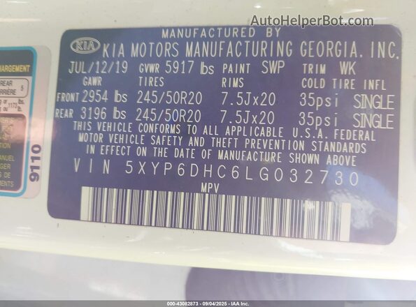 5XYP6DHC6LG032730 2020 KIA TELLURIDE White Շարժիչի բաժամունքի տեսք