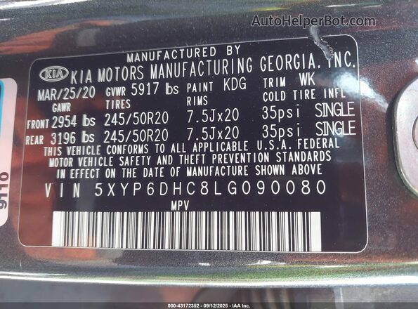 5XYP6DHC8LG090080 2020 KIA TELLURIDE Gray Vista del compartimento del motor
