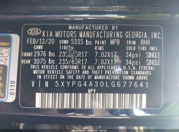 5XYPG4A30LG677641 2020 KIA SORENTO Dark Blue ძრავის განყოფილების ხედი