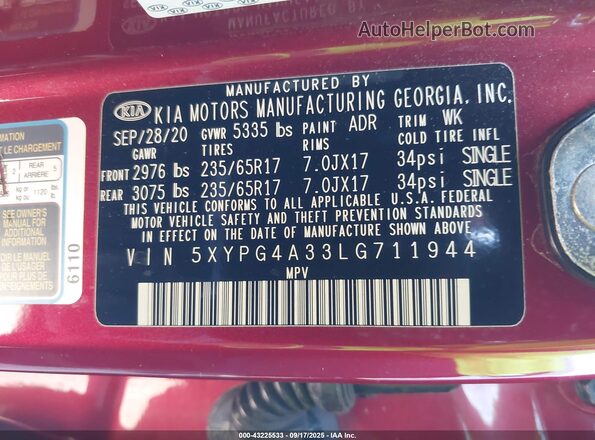 5XYPG4A33LG711944 2020 KIA SORENTO Red ძრავის განყოფილების ხედი