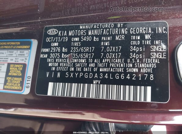 5XYPGDA34LG642178 2020 KIA SORENTO Purple Engine compartment view