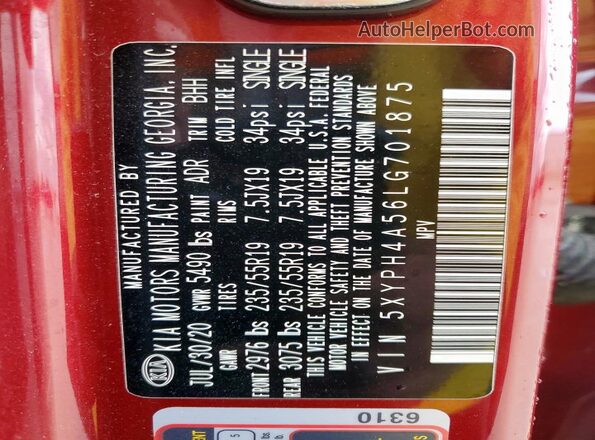 5XYPH4A56LG701875 2020 KIA SORENTO Burgundy 360 interior view