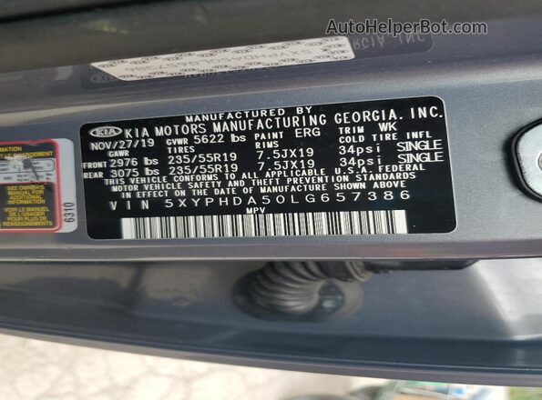 5XYPHDA50LG657386 2020 KIA SORENTO Blue VIN sticker view