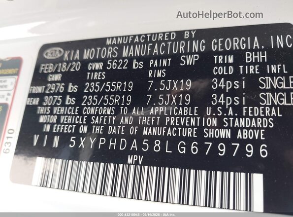 5XYPHDA58LG679796 2020 KIA SORENTO White Vista del compartimento del motor