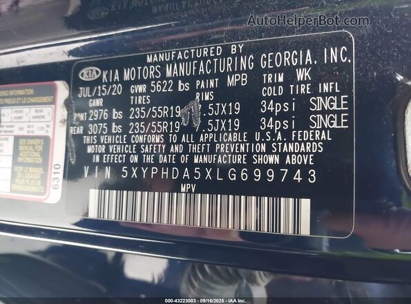 5XYPHDA5XLG699743 2020 KIA SORENTO Dark Blue Շարժիչի բաժամունքի տեսք