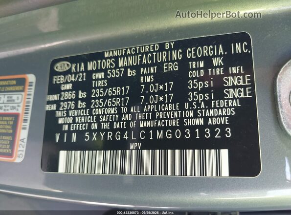 5XYRG4LC1MG031323 2021 KIA SORENTO Gray Widok komory silnika