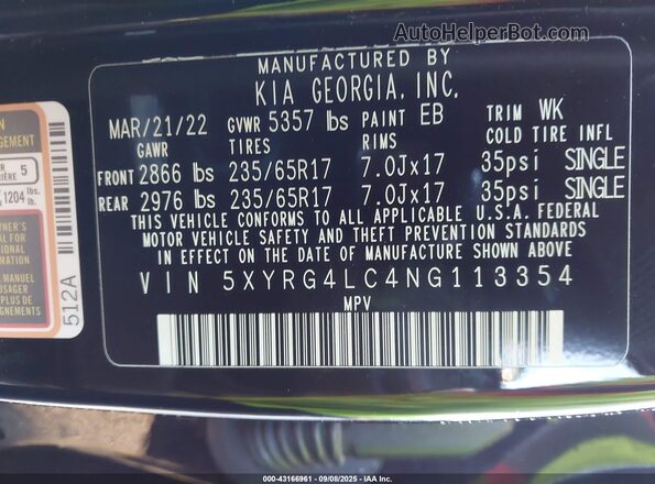 5XYRG4LC4NG113354 2022 KIA SORENTO Черный Вид подкапотного пространства