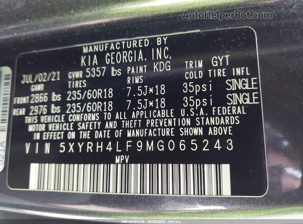 5XYRH4LF9MG065243 2021 KIA SORENTO Gray Engine compartment view