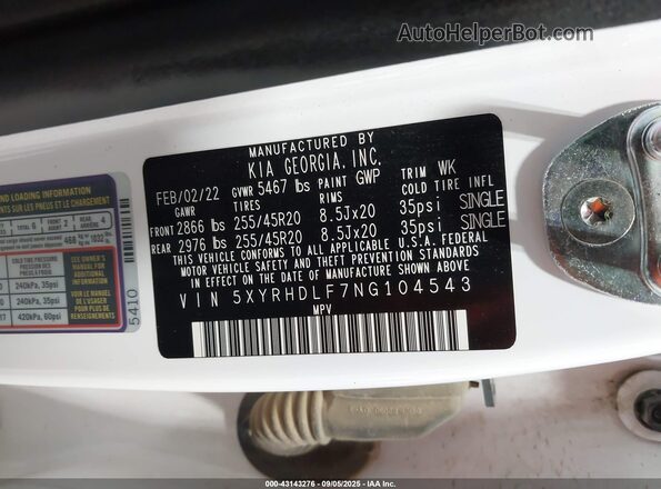 5XYRHDLF7NG104543 2022 KIA SORENTO White Вид підкапотного простору