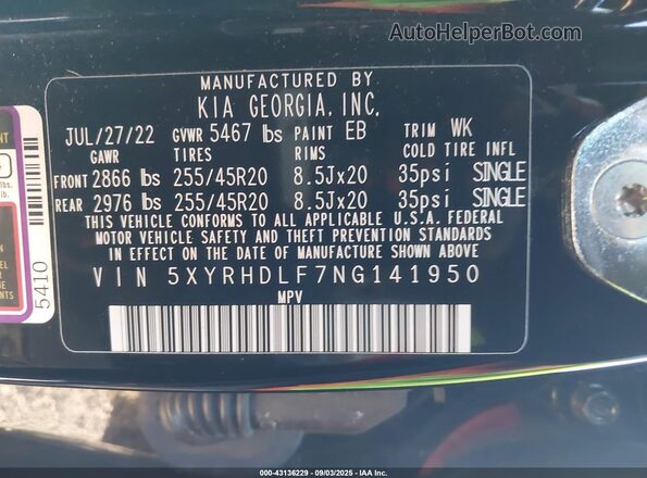 5XYRHDLF7NG141950 2022 KIA SORENTO Black Вид підкапотного простору