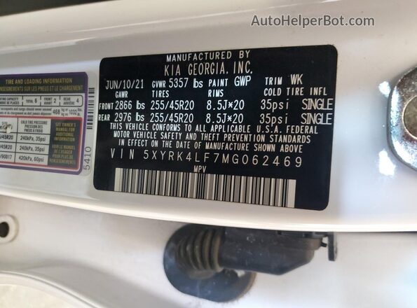 5XYRK4LF7MG062469 2021 KIA SORENTO Белый Вид наклейки с VIN-кодом
