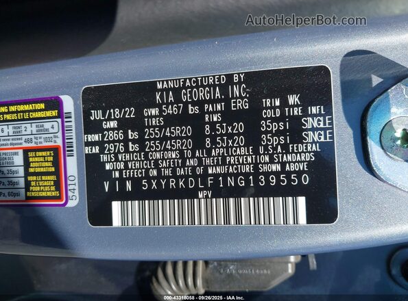 5XYRKDLF1NG139550 2022 KIA SORENTO Blue Շարժիչի բաժամունքի տեսք