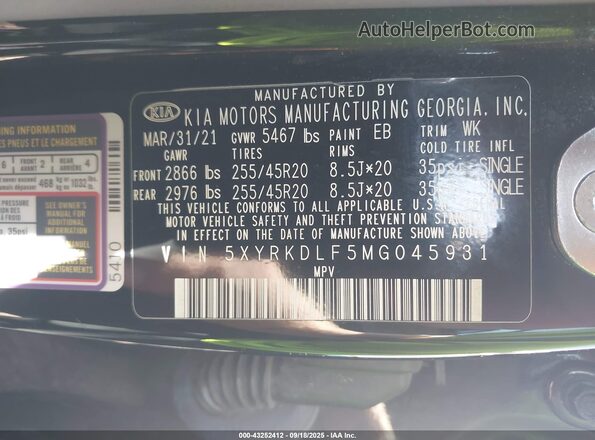5XYRKDLF5MG045931 2021 KIA SORENTO Black Engine compartment view