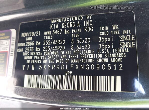 5XYRKDLFXNG090512 2022 KIA SORENTO Серый Вид подкапотного пространства