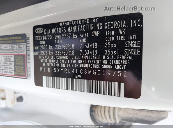 5XYRL4LC3MG019752 2021 KIA SORENTO White Widok komory silnika