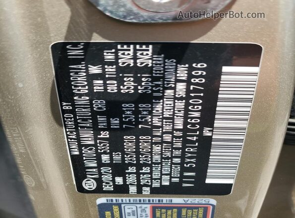 5XYRL4LC6MG017896 2021 KIA SORENTO Gold VIN sticker view