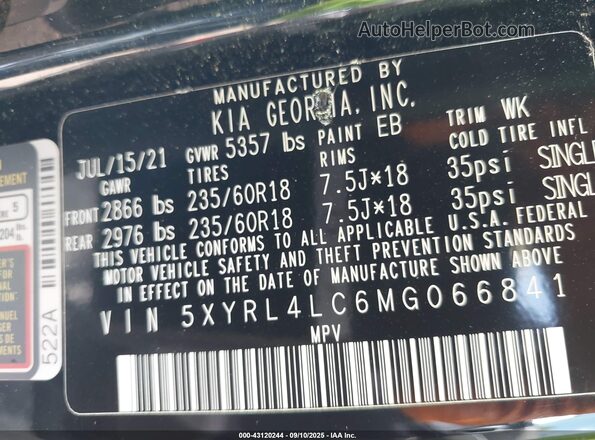 5XYRL4LC6MG066841 2021 KIA SORENTO Black ძრავის განყოფილების ხედი