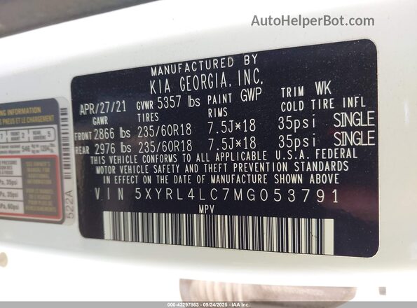 5XYRL4LC7MG053791 2021 KIA SORENTO White Շարժիչի բաժամունքի տեսք