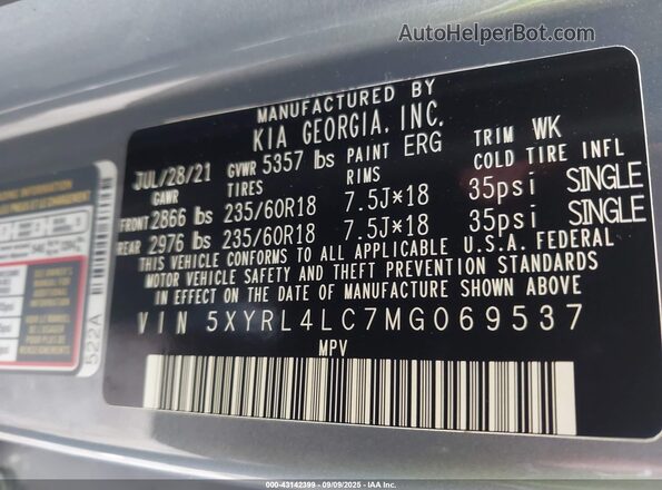 5XYRL4LC7MG069537 2021 KIA SORENTO Gray Engine compartment view