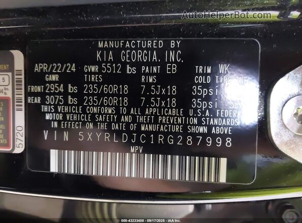5XYRLDJC1RG287998 2024 KIA SORENTO Черный Вид подкапотного пространства