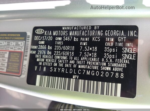 5XYRLDLC7MG020788 2021 KIA SORENTO Серебряный Вид подкапотного пространства